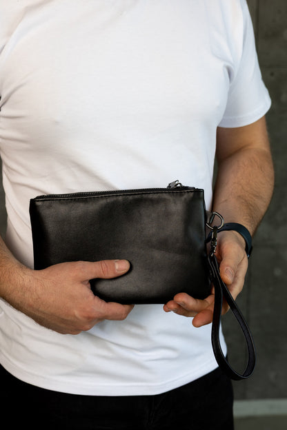 Handmade Genuine Smooth Leather Black Clutch Wristlet Gift for Him