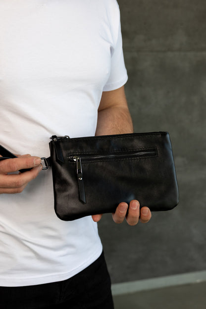 Handmade Genuine Smooth Leather Black Clutch Wristlet Gift for Him