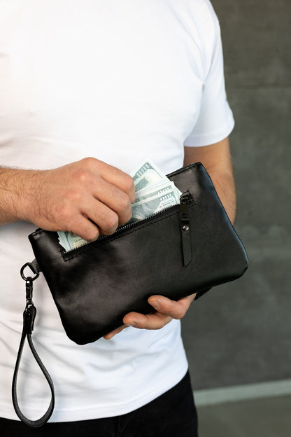 Handmade Genuine Smooth Leather Black Clutch Wristlet Gift for Him