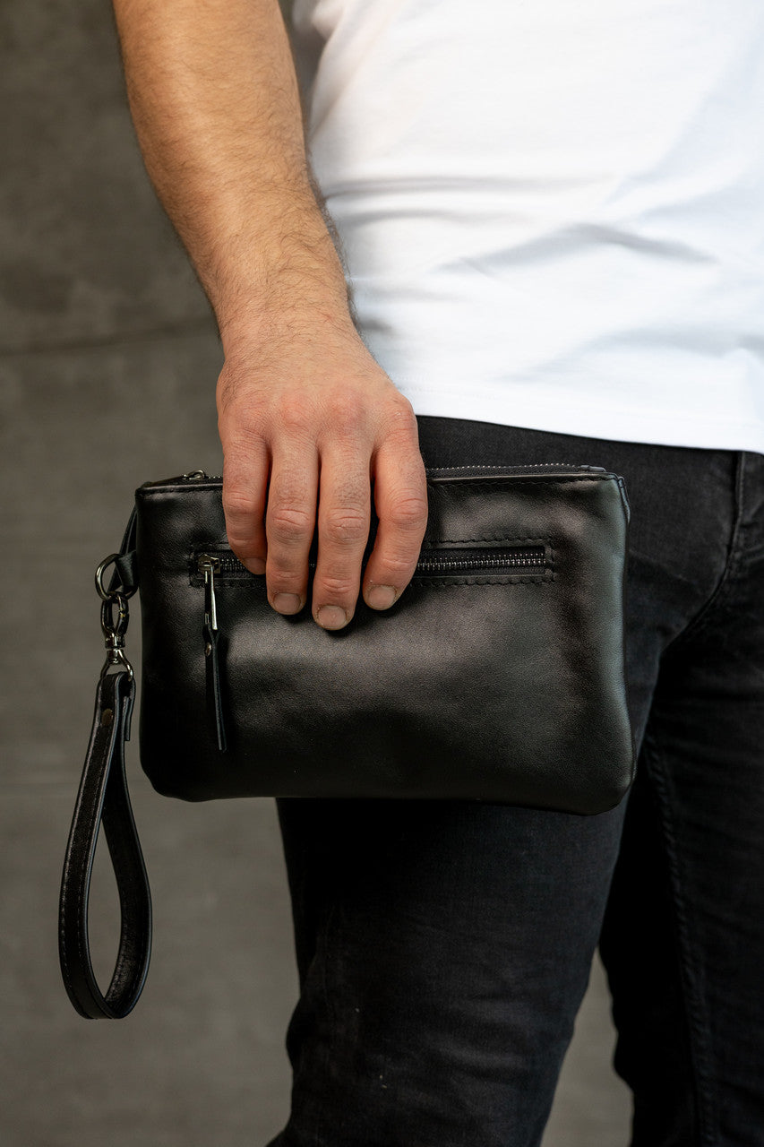 Handmade Genuine Smooth Leather Black Clutch Wristlet Gift for Him