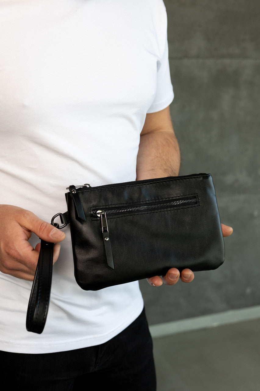 Handmade Genuine Smooth Leather Black Clutch Wristlet Gift for Him