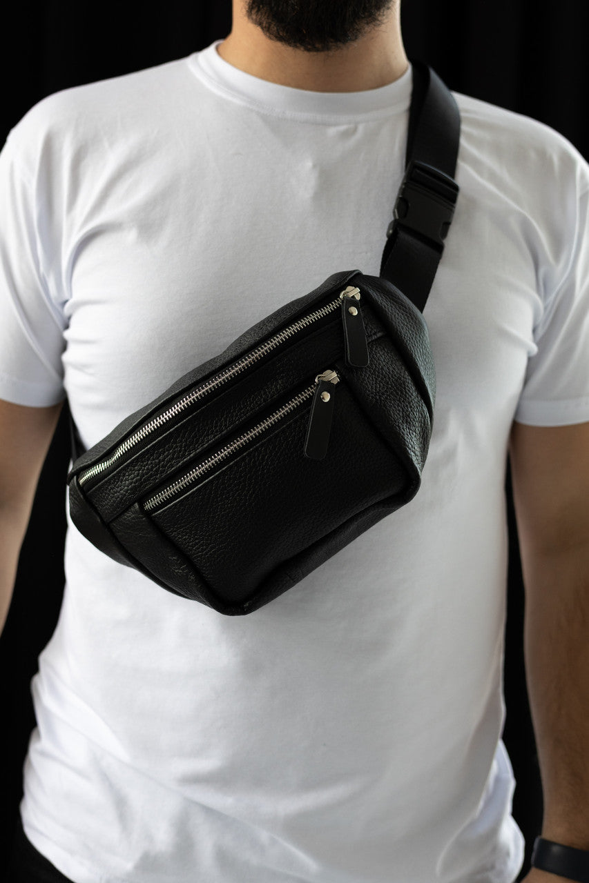 Mens leather banana bag black handmade waist bag gift for him