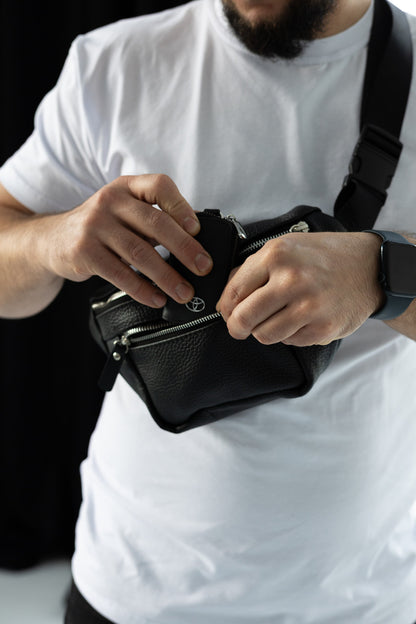 Mens leather banana bag black handmade waist bag gift for him