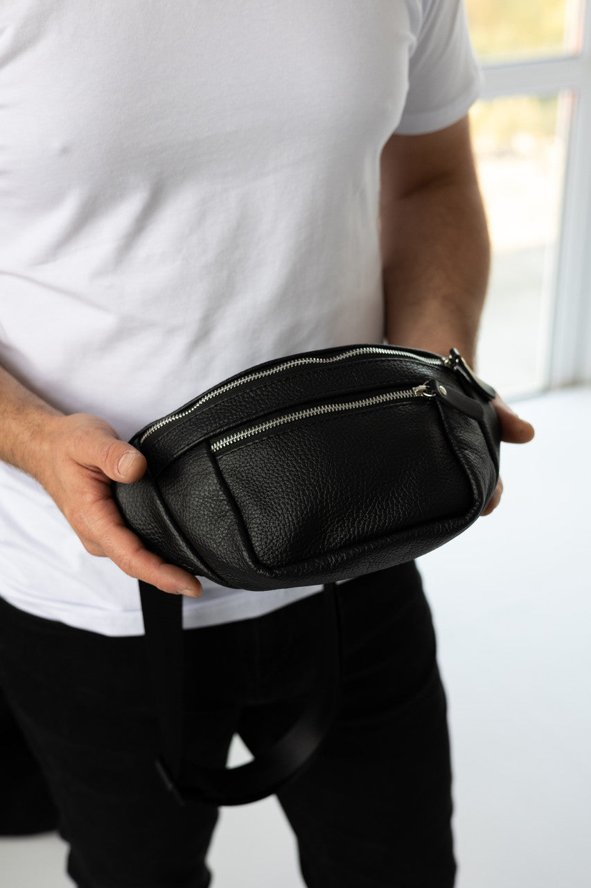 Mens leather banana bag black handmade waist bag gift for him