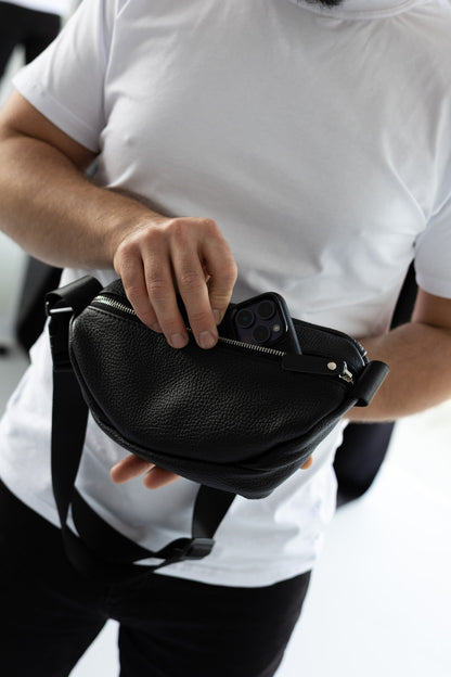 Mens leather banana bag black handmade waist bag gift for him
