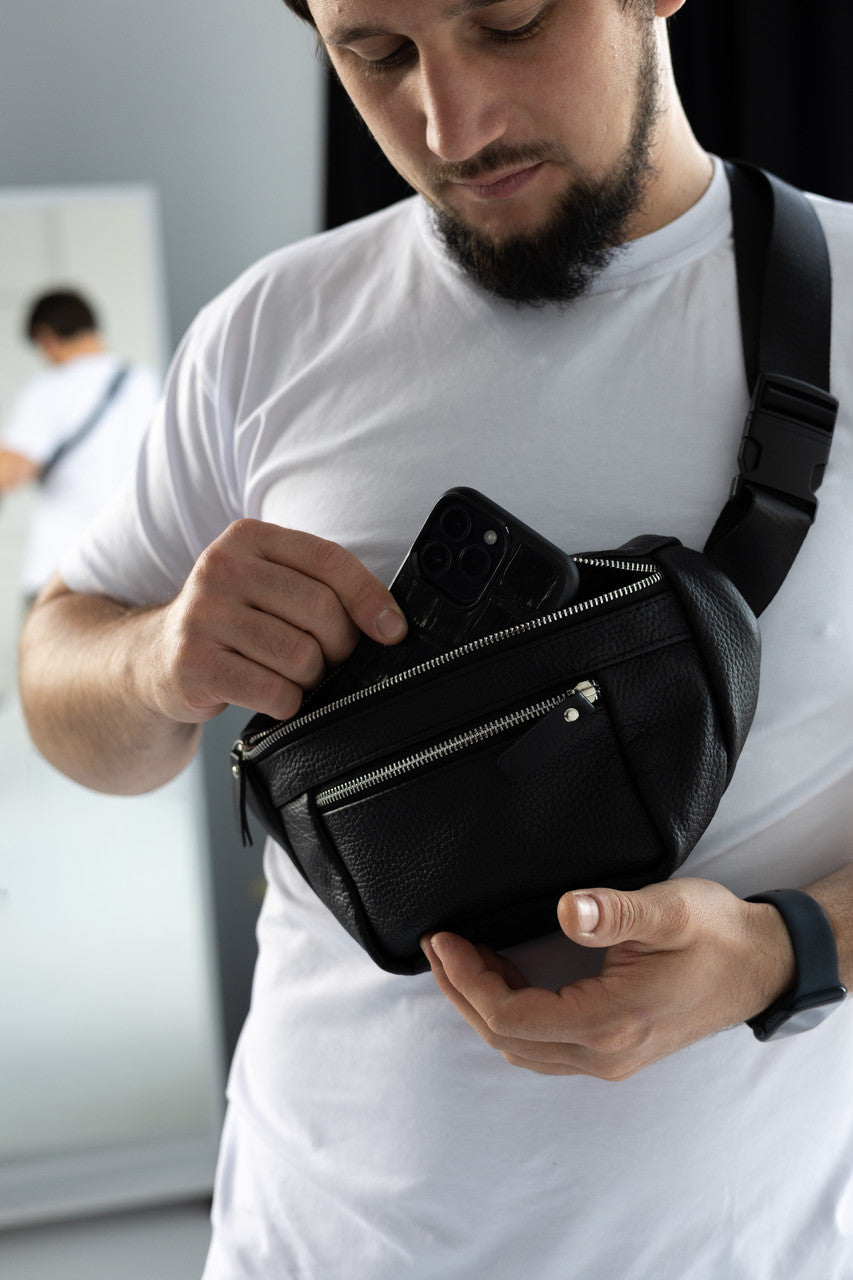 Mens leather banana bag black handmade waist bag gift for him