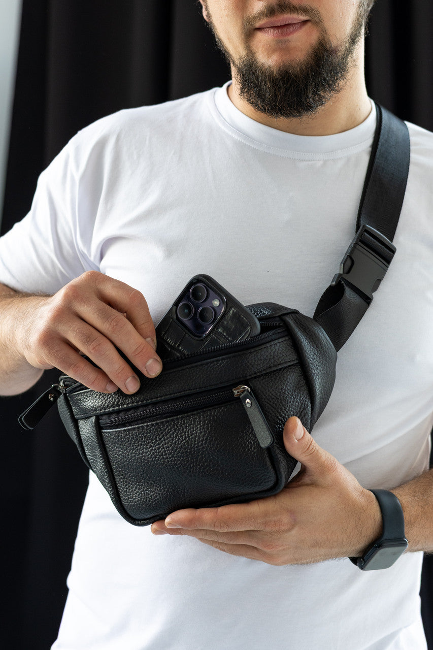 Handmade Mens Black Leather Banana Bag Waist Pack Gift for Him