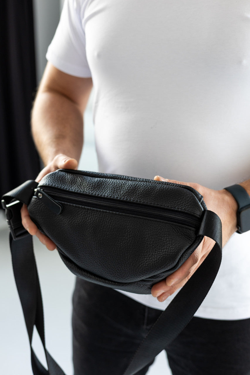 Handmade Mens Black Leather Banana Bag Waist Pack Gift for Him