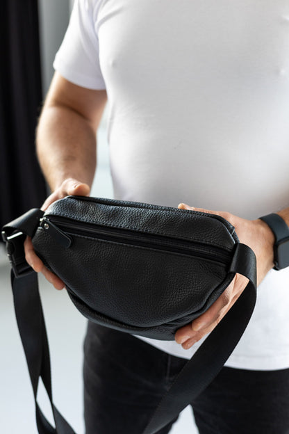 Handmade Mens Black Leather Banana Bag Waist Pack Gift for Him