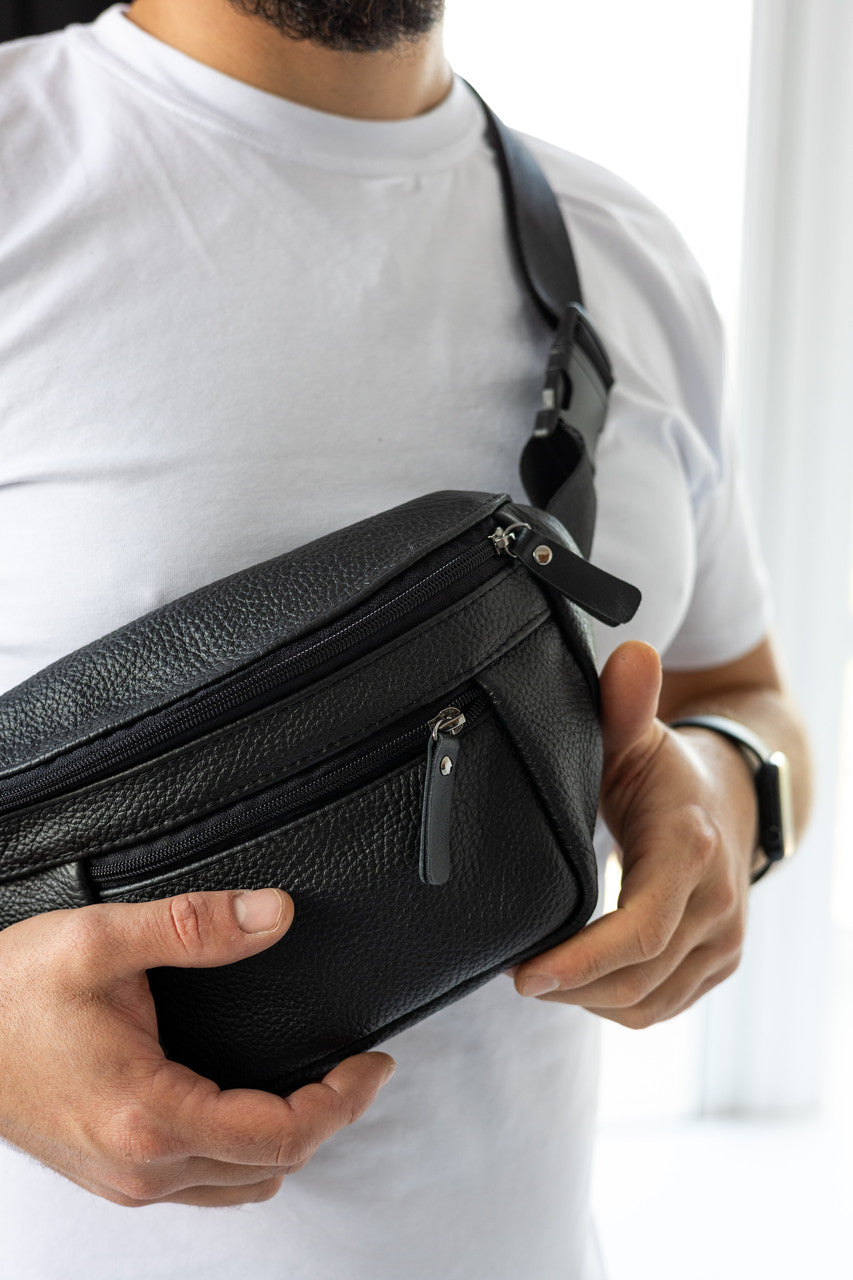 Handmade Mens Black Leather Banana Bag Waist Pack Gift for Him