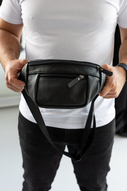 Handmade Mens Black Leather Banana Bag Waist Pack Gift for Him