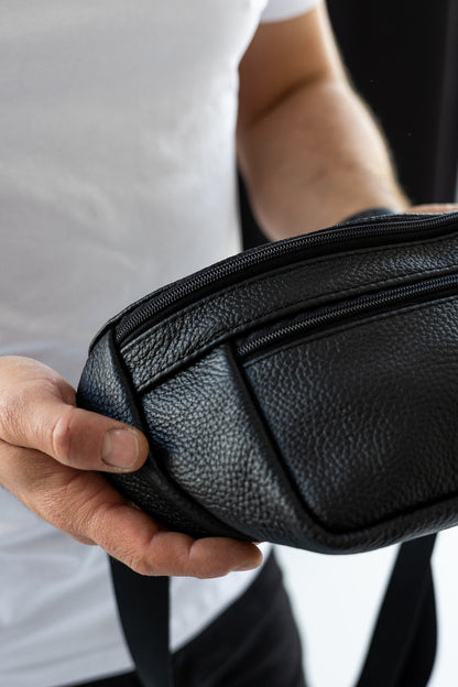 Handmade Mens Black Leather Banana Bag Waist Pack Gift for Him