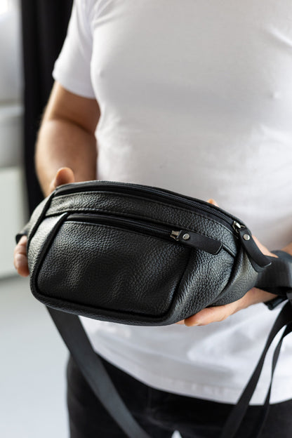 Handmade Mens Black Leather Banana Bag Waist Pack Gift for Him