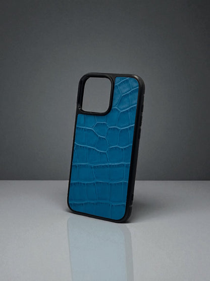 Handmade Blue Italian Leather Phone Case Crocodile Embossed Gift for Him