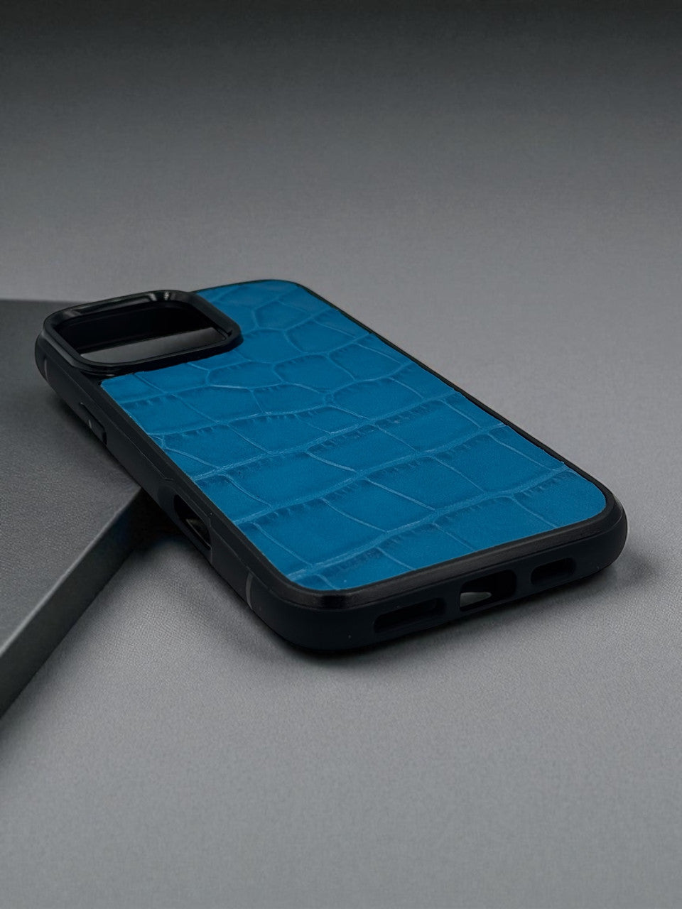 Handmade Blue Italian Leather Phone Case Crocodile Embossed Gift for Him