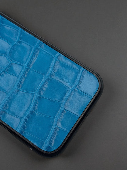 Handmade Blue Italian Leather Phone Case Crocodile Embossed Gift for Him