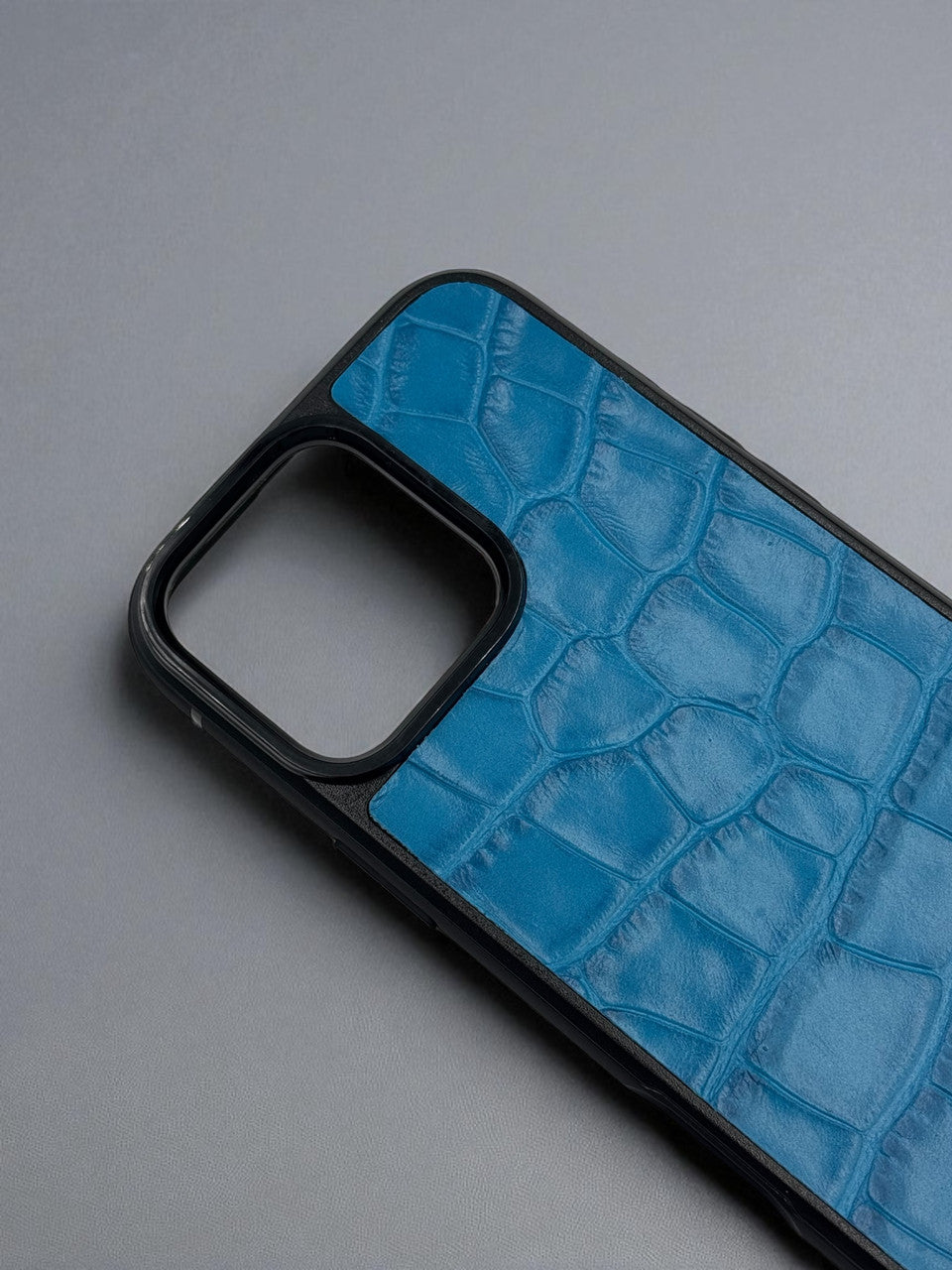 Handmade Blue Italian Leather Phone Case Crocodile Embossed Gift for Him