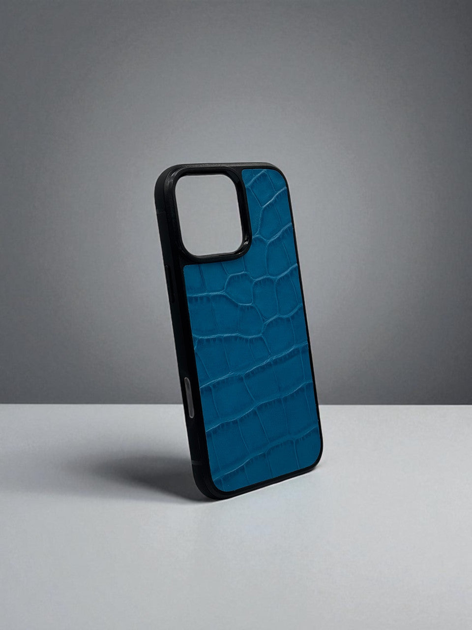 Handmade Blue Italian Leather Phone Case Crocodile Embossed Gift for Him
