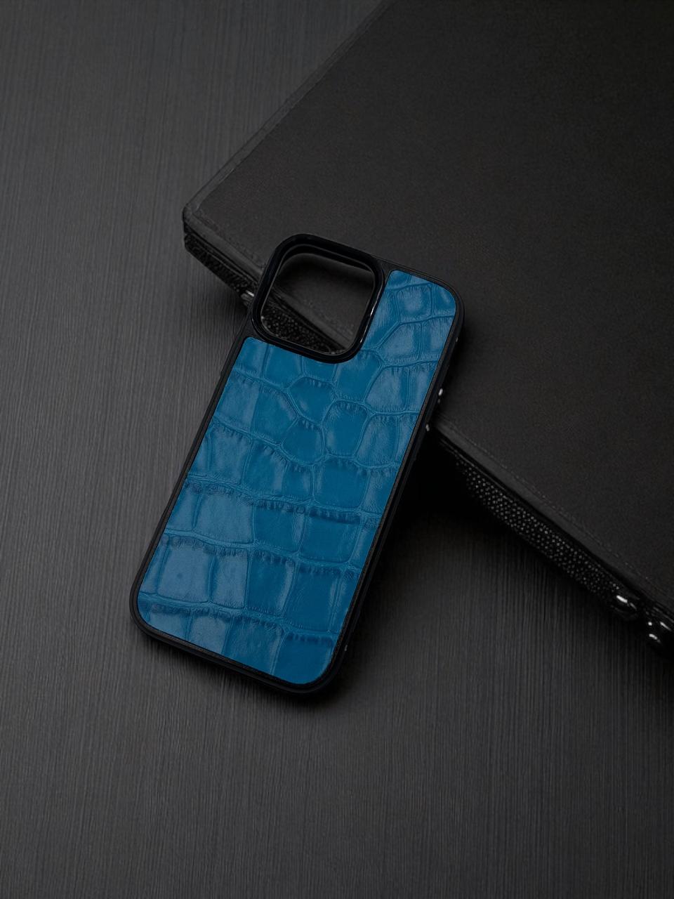 Handmade Blue Italian Leather Phone Case Crocodile Embossed Gift for Him