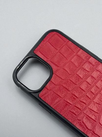 Handmade Red Italian Leather iPhone Case Crocodile Texture Gift for Her Shockproof