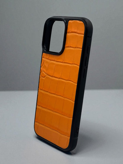 Handmade Orange Genuine Italian Leather Croc Phone Case Hard Protective Shell Gift for Her
