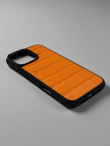 Handmade Orange Genuine Italian Leather Croc Phone Case Hard Protective Shell Gift for Her