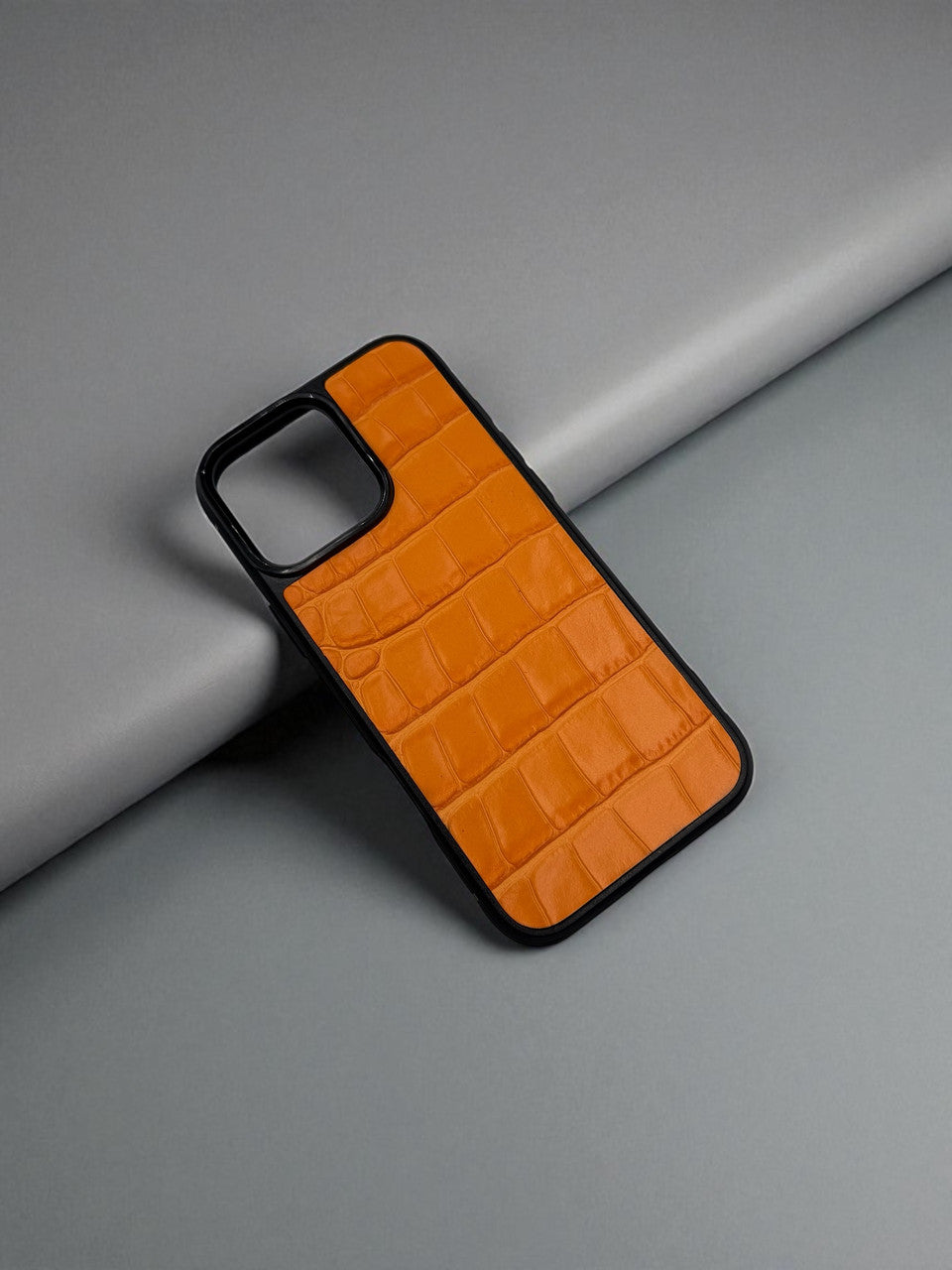 Handmade Orange Genuine Italian Leather Croc Phone Case Hard Protective Shell Gift for Her