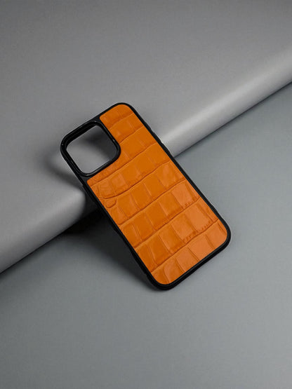 Handmade Orange Genuine Italian Leather Croc Phone Case Hard Protective Shell Gift for Her