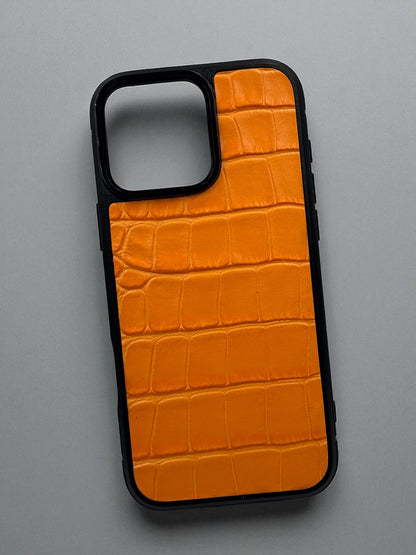 Handmade Orange Genuine Italian Leather Croc Phone Case Hard Protective Shell Gift for Her