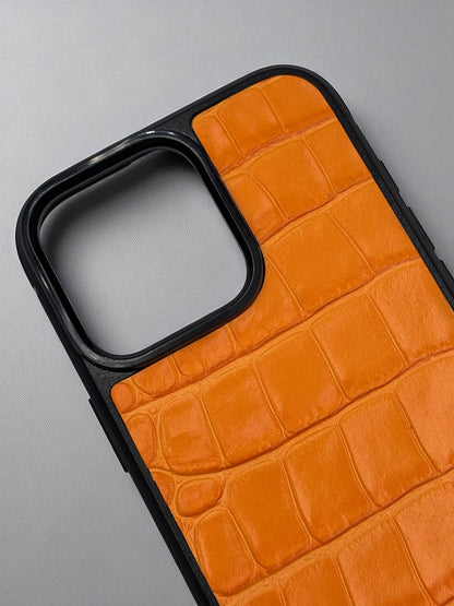 Handmade Orange Genuine Italian Leather Croc Phone Case Hard Protective Shell Gift for Her