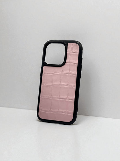 Handmade Pink Italian Leather Phone Case Gift for Her Crocodile Embossed