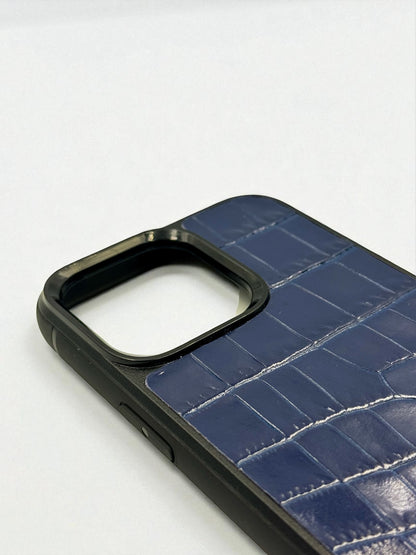 Handmade Genuine Italian Leather Blue Phone Case Crocodile Emboss Gift for him
