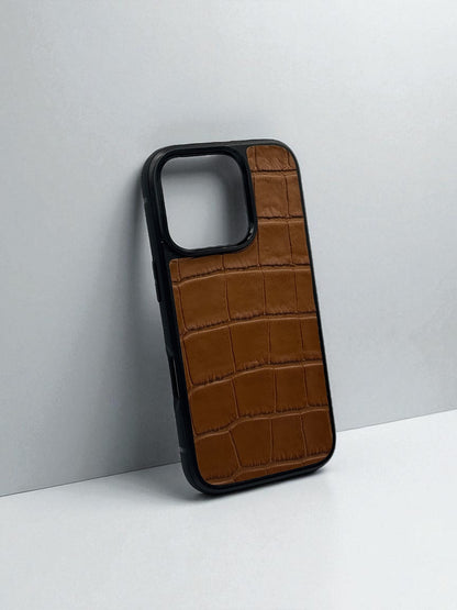 Handmade Italian Leather iPhone Case Brown Crocodile Texture Shockproof Gift for Him