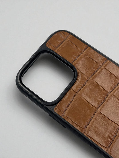 Handmade Italian Leather iPhone Case Brown Crocodile Texture Shockproof Gift for Him