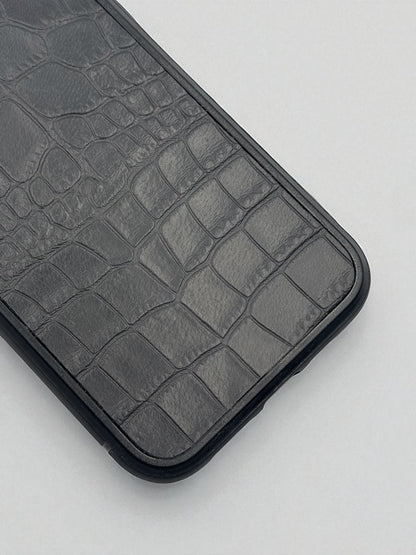 Handmade iPhone case gray genuine Italian leather crocodile pattern polycarbonate shockproof gift for him