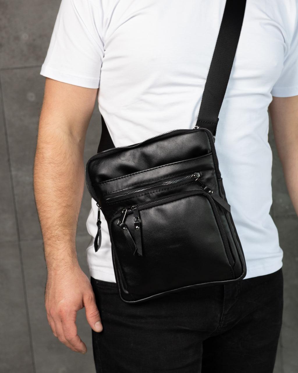 Handmade Mens Skill Leather Crossbody Bag Black Gift for Him