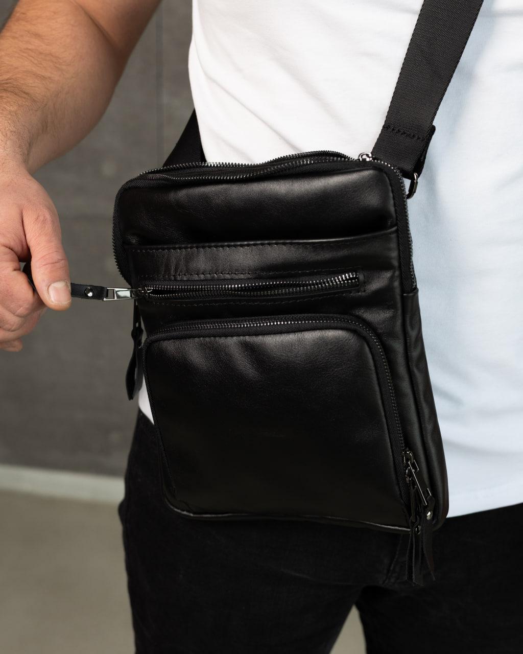 Handmade Mens Skill Leather Crossbody Bag Black Gift for Him