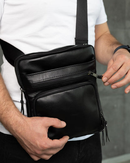 Handmade Mens Skill Leather Crossbody Bag Black Gift for Him