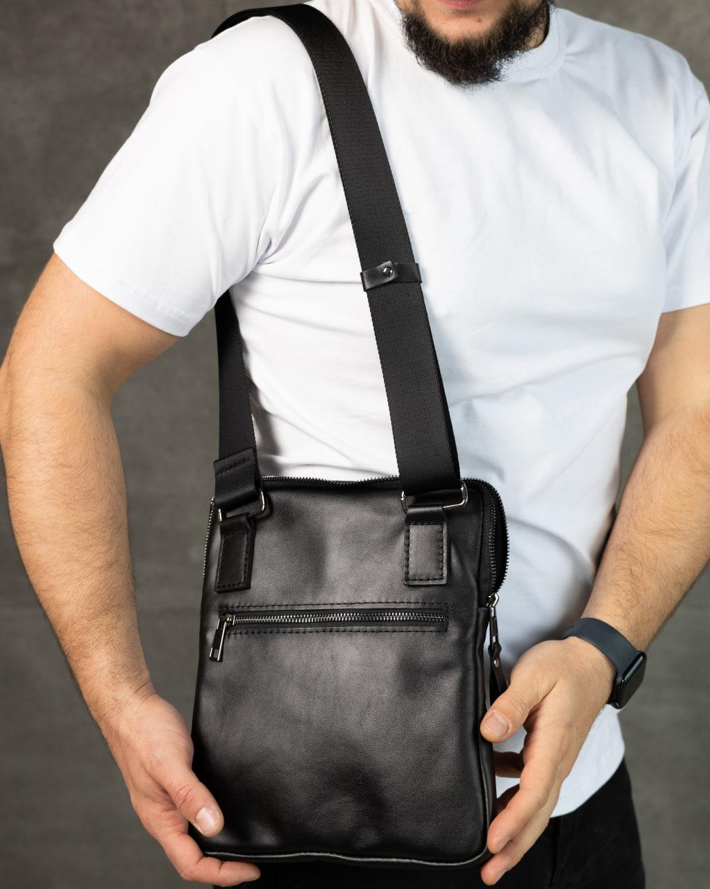 Handmade Mens Skill Leather Crossbody Bag Black Gift for Him