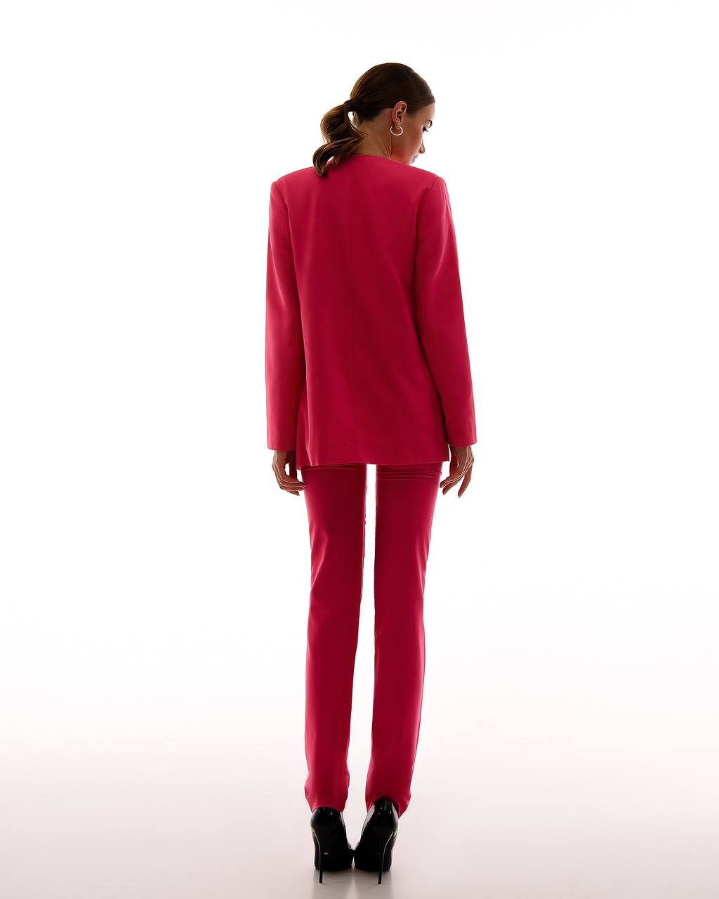 Womens Collarless Suit Jacket with Matching Pants in Raspberry