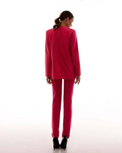 Womens Collarless Suit Jacket with Matching Pants in Raspberry