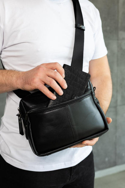 Handmade Mens Black Leather Crossbody Bag Gift for Him Compact Leather Sling Bag