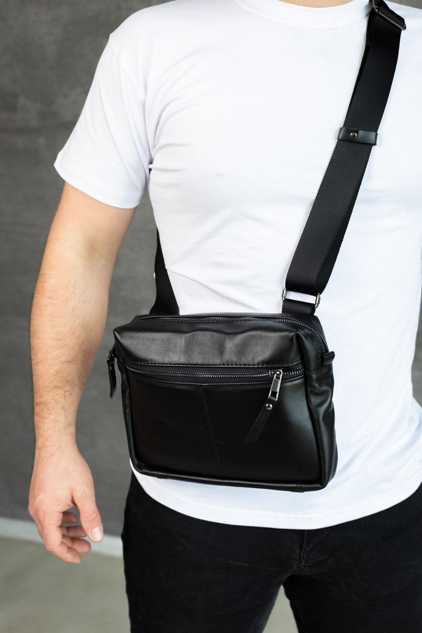 Handmade Mens Black Leather Crossbody Bag Gift for Him Compact Leather Sling Bag
