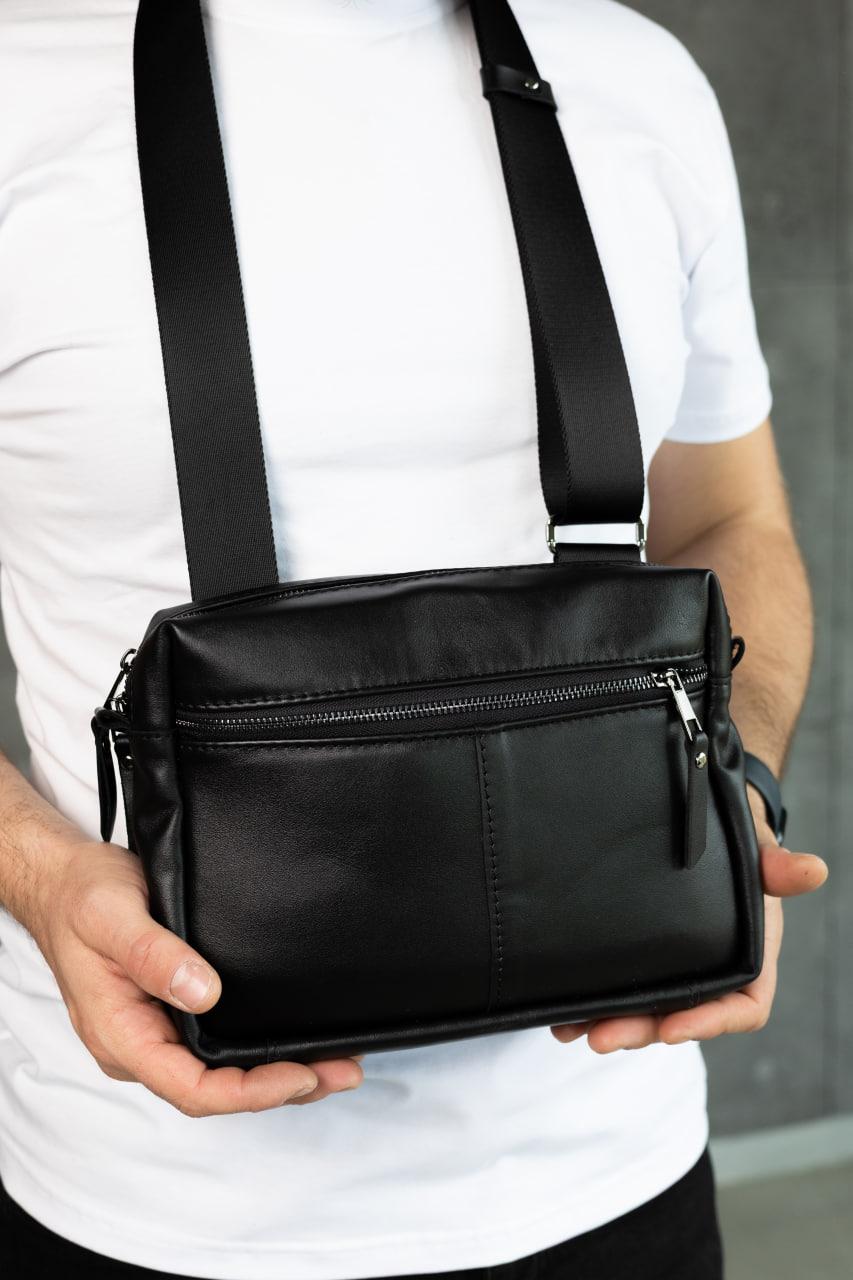Handmade Mens Black Leather Crossbody Bag Gift for Him Compact Leather Sling Bag