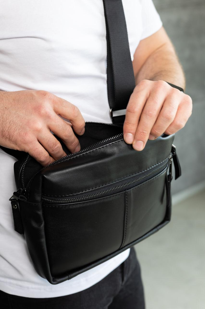 Handmade Mens Black Leather Crossbody Bag Gift for Him Compact Leather Sling Bag