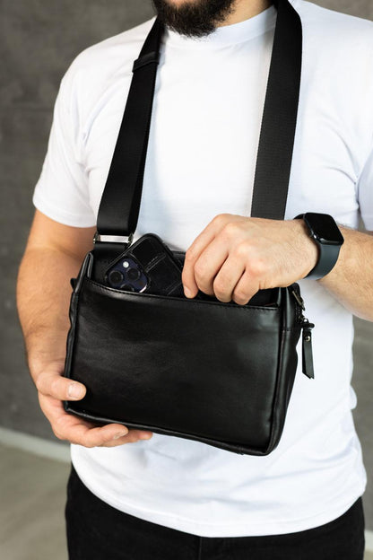 Handmade Mens Black Leather Crossbody Bag Gift for Him Compact Leather Sling Bag