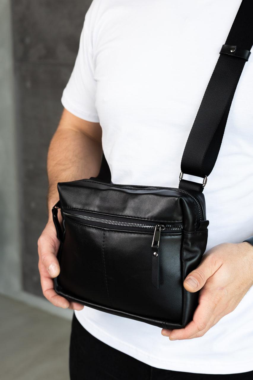 Handmade Mens Black Leather Crossbody Bag Gift for Him Compact Leather Sling Bag