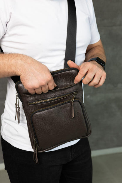 Handmade Mens Brown Leather Shoulder Bag Gift for Him Messenger Crossbody