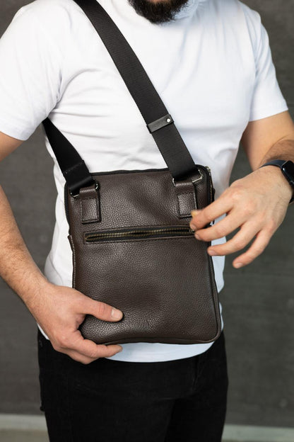 Handmade Mens Brown Leather Shoulder Bag Gift for Him Messenger Crossbody