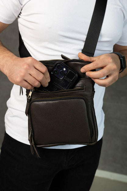 Handmade Mens Brown Leather Shoulder Bag Gift for Him Messenger Crossbody